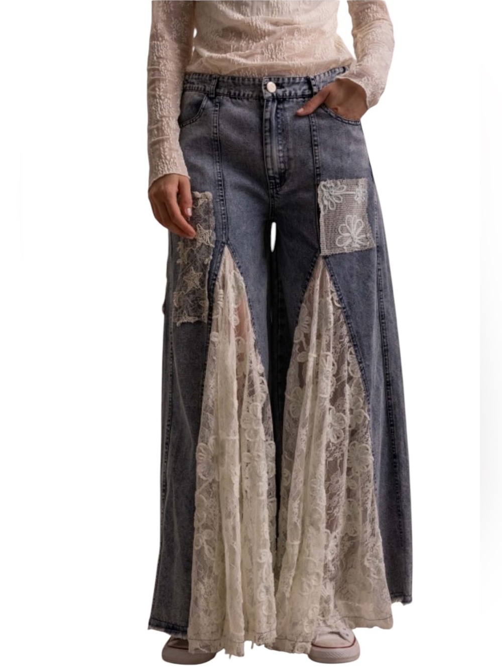 Boho Lace-Panel Wide Leg Jeans - Gray